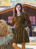 V Neck Draped Belt Detailed Khaki Long Sleeve Dress 4704