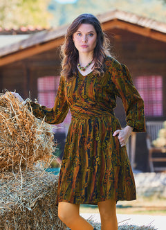 V Neck Draped Belt Detailed Khaki Long Sleeve Dress 4704