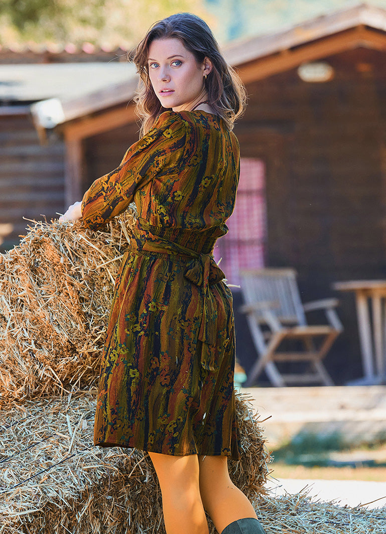 V Neck Draped Belt Detailed Khaki Long Sleeve Dress 4704