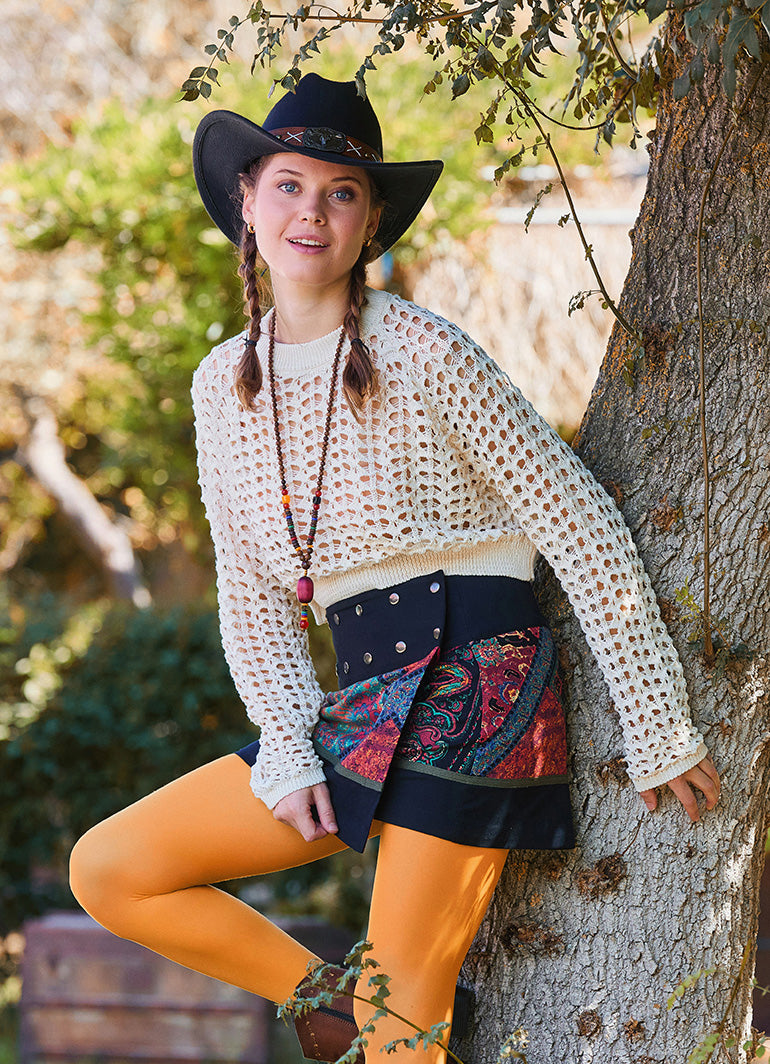 Crew Neck Perforated Ecru Long Sleeve Blouse 4752