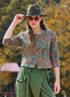 Crew Neck Half Sleeve Button Detailed Green Floral Blouse 4782