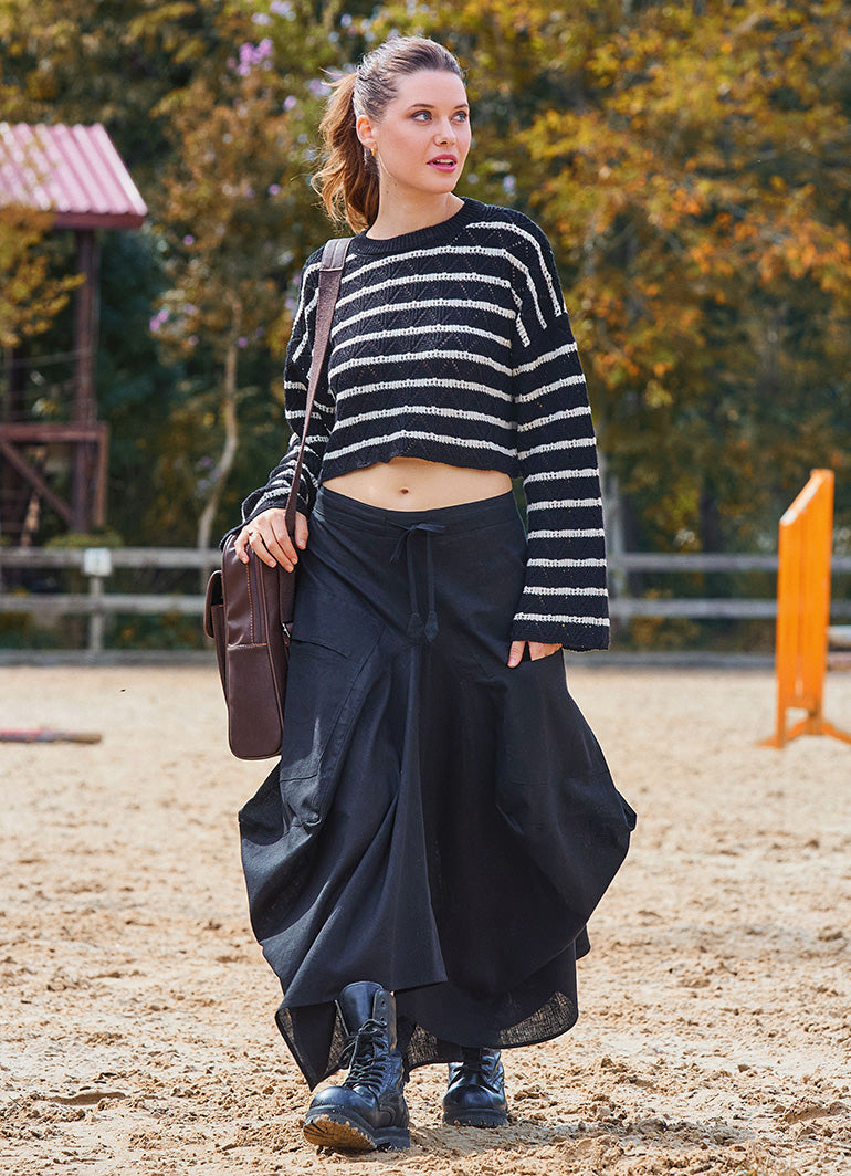 Black Asymmetrical Skirt with Pocket and Tie Waist 4684