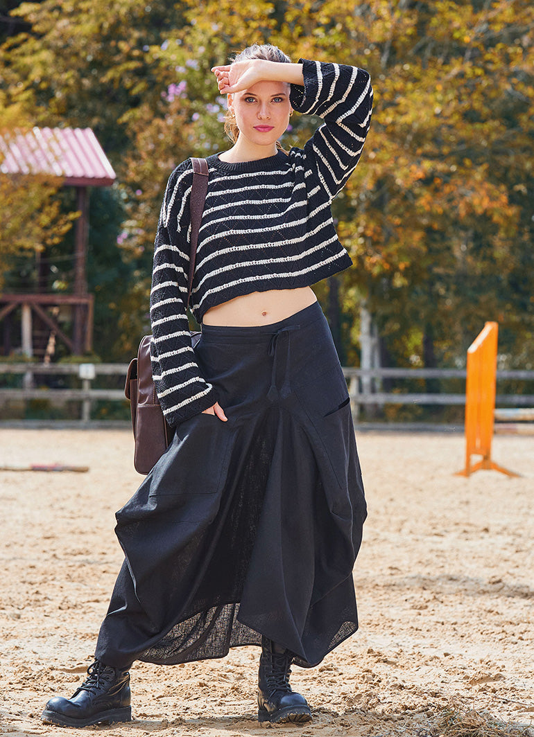 Black Asymmetrical Skirt with Pocket and Tie Waist 4684