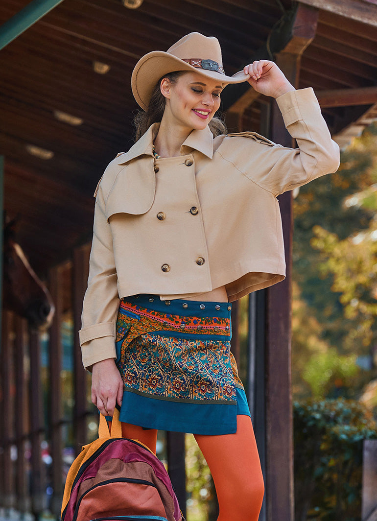 Snap Closure Pocket Patchwork Wrapped Petrol Floral Skirt 4687