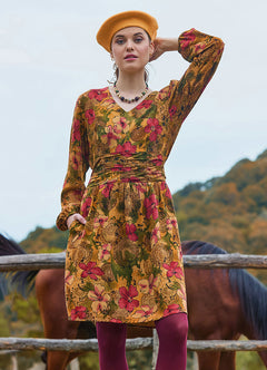 V Neck Draped Belt Detailed Beige Floral Dress 4702