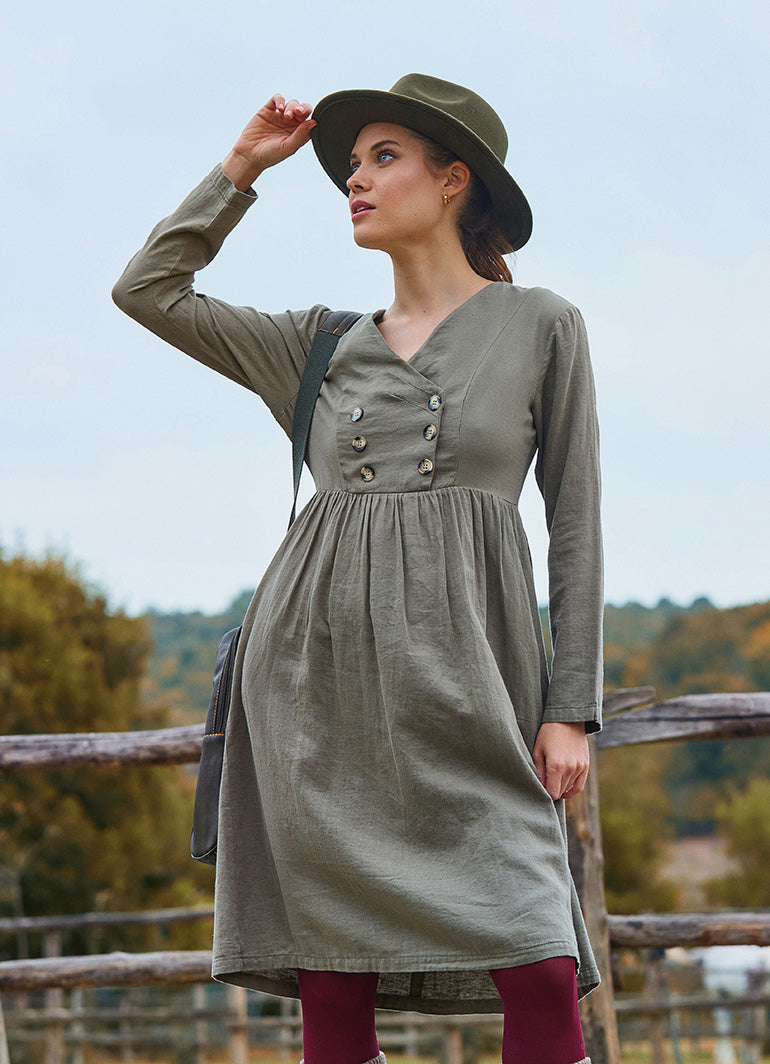 V Neck Button Detailed Zippered Khaki Winter Dress 4740