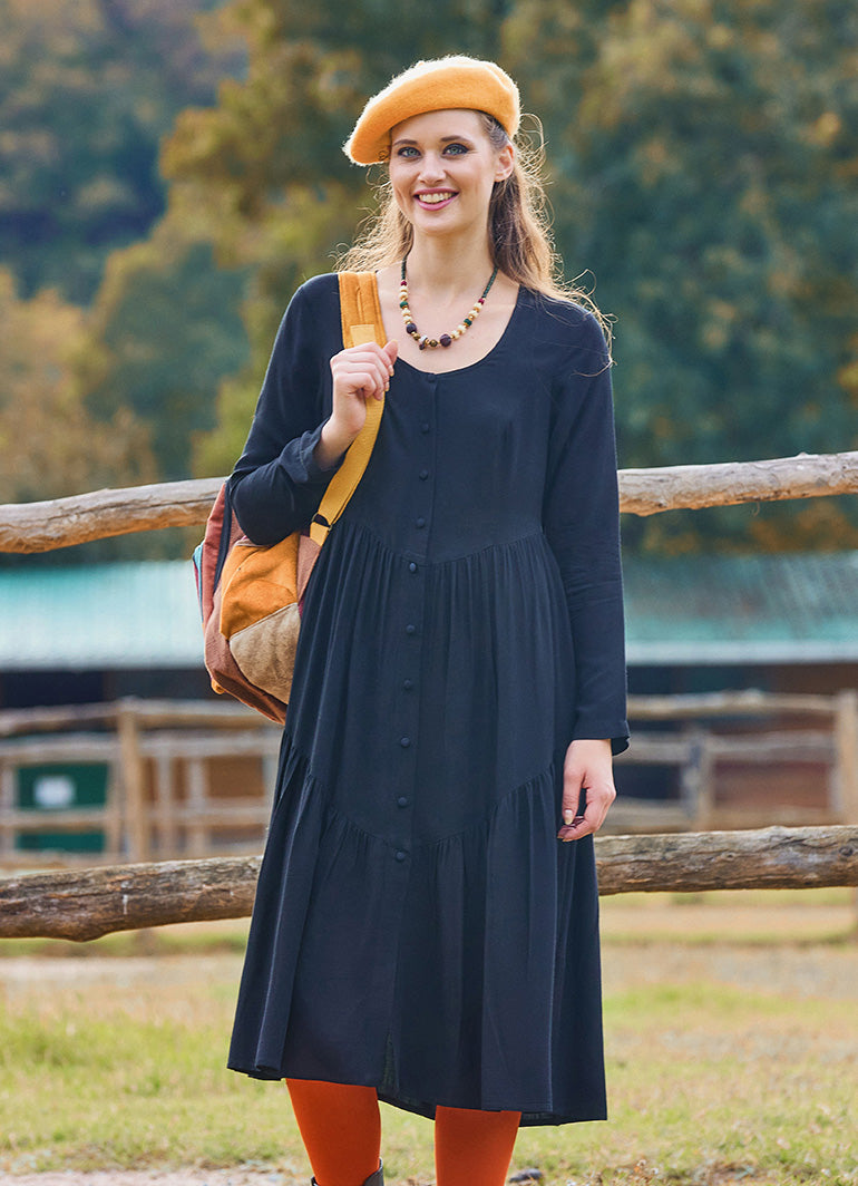 Crew Neck Button Detailed Black Long Sleeve Dress 4787