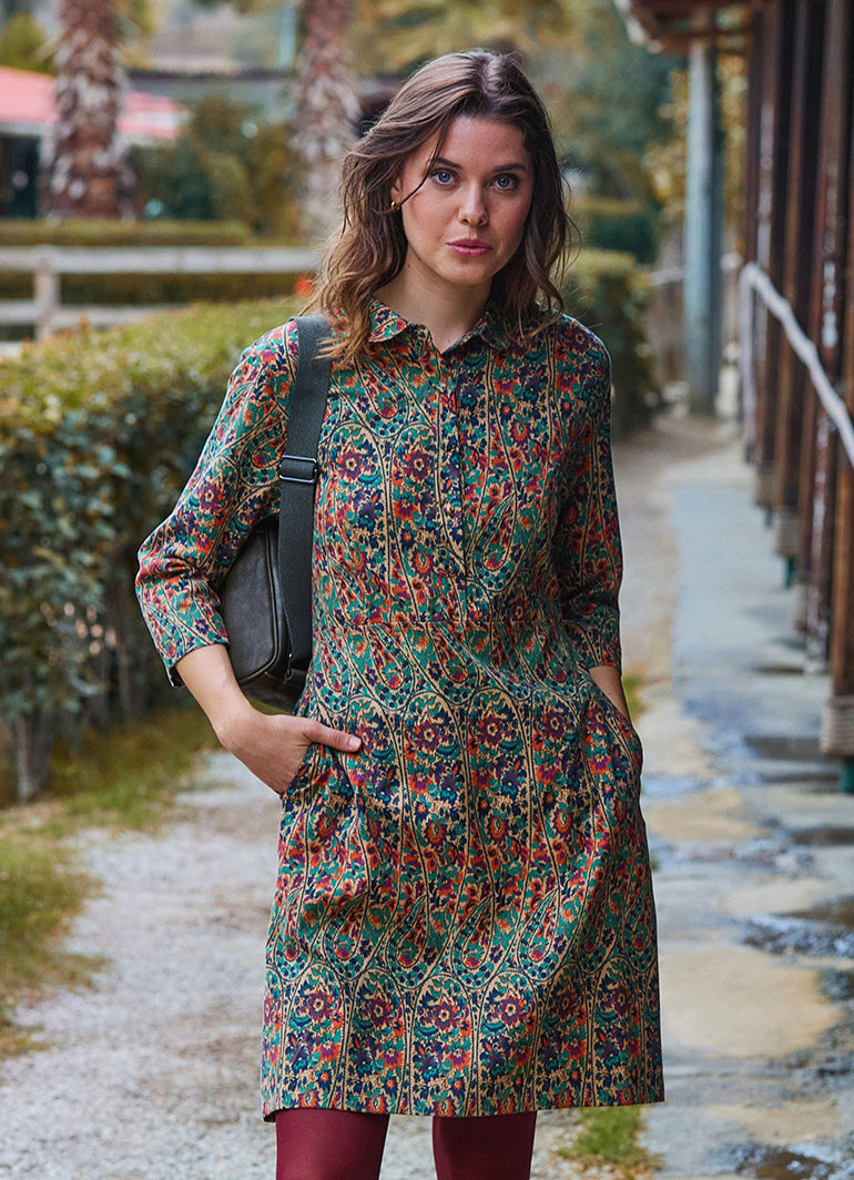 Green Floral Long Sleeve Dress with Shirt Collar and Button Detail 4697