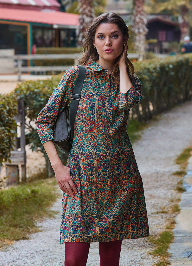 Green Floral Long Sleeve Dress with Shirt Collar and Button Detail 4697