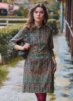 Green Floral Long Sleeve Dress with Shirt Collar and Button Detail 4697