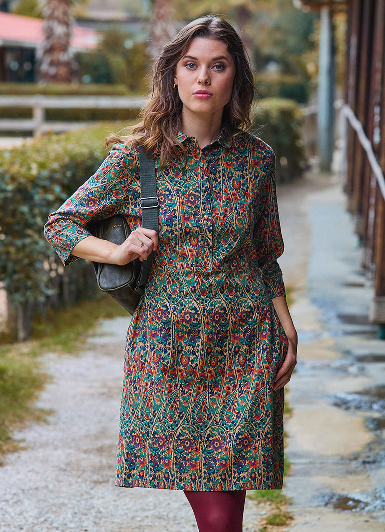 Green Floral Long Sleeve Dress with Shirt Collar and Button Detail 4697