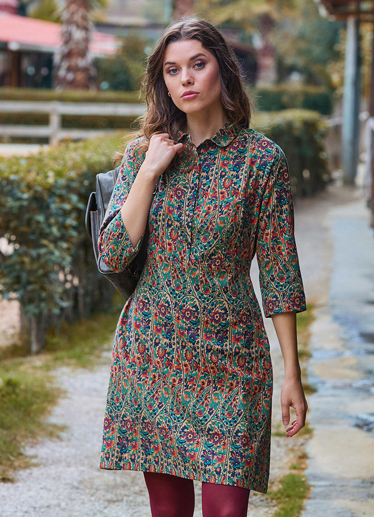 Green Floral Long Sleeve Dress with Shirt Collar and Button Detail 4697