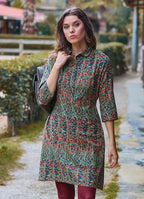 Green Floral Long Sleeve Dress with Shirt Collar and Button Detail 4697