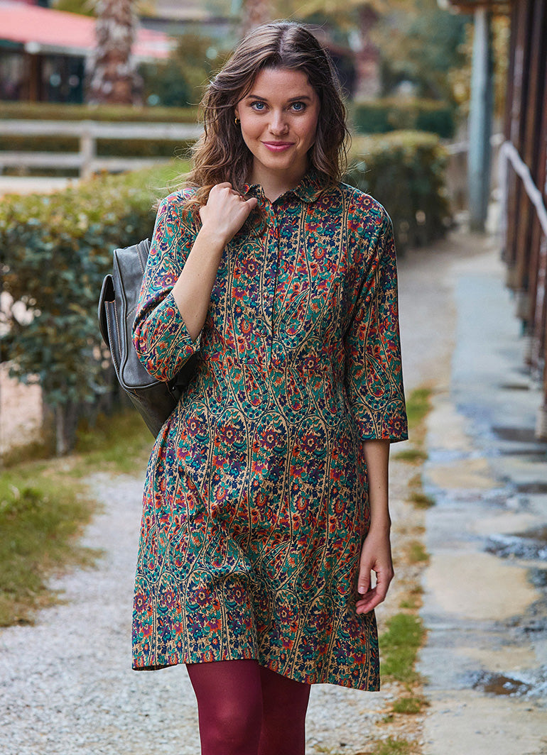 Green Floral Long Sleeve Dress with Shirt Collar and Button Detail 4697