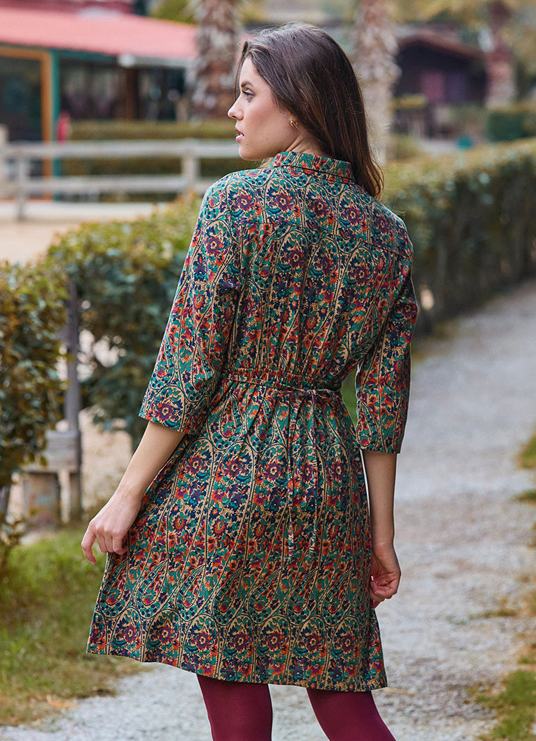 Green Floral Long Sleeve Dress with Shirt Collar and Button Detail 4697