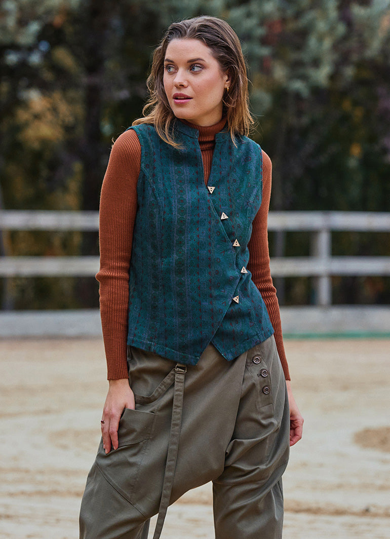 V Neck Cross Buttoned Green Authentic Blouse 4789