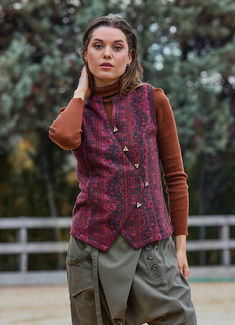 V Neck Cross Buttoned Burgundy Ethnic Blouse 4790