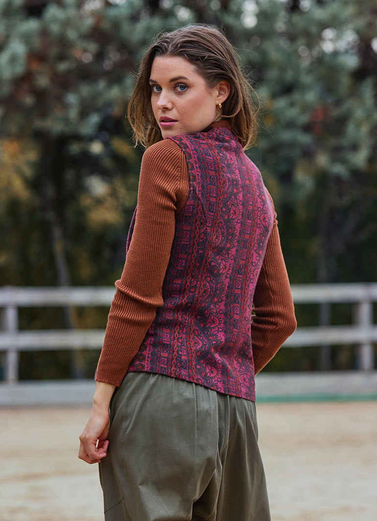 V Neck Cross Buttoned Burgundy Ethnic Blouse 4790