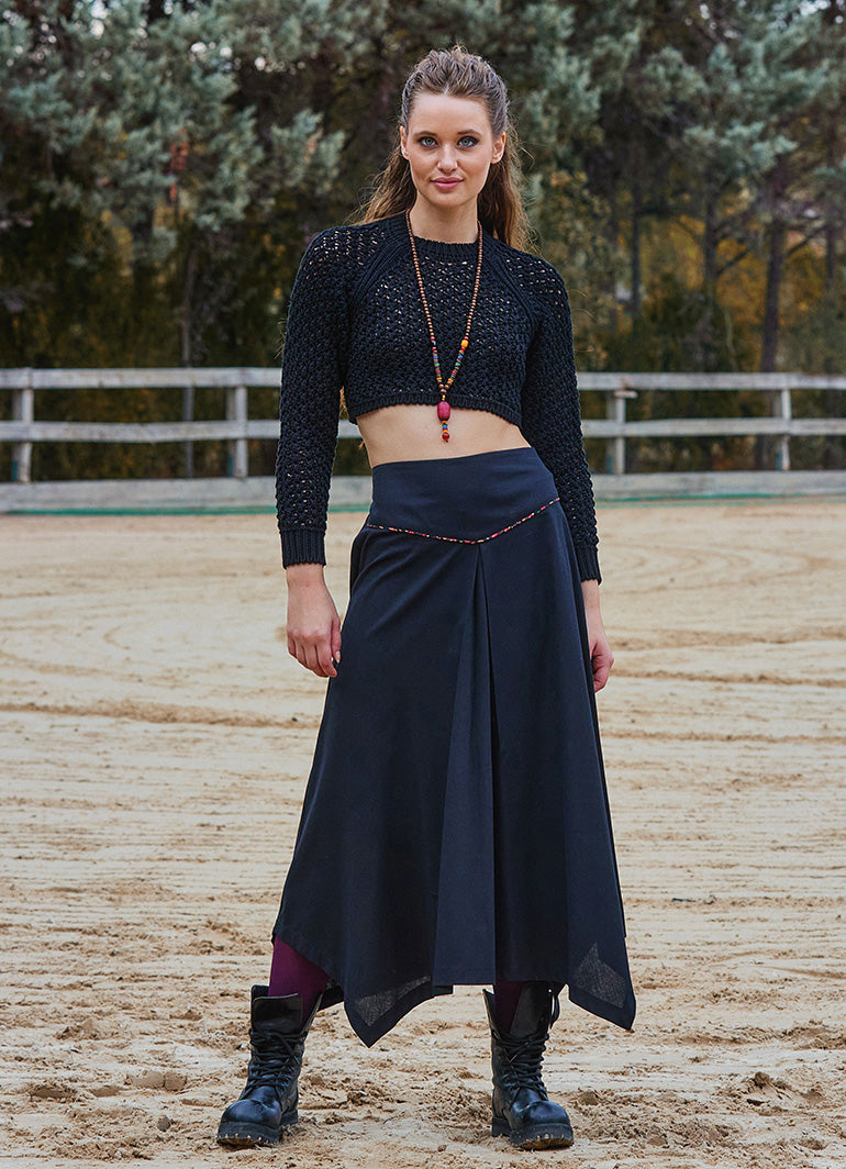 Binding Detail Waistband Asymmetrical Hem Flared Black Midi Skirt