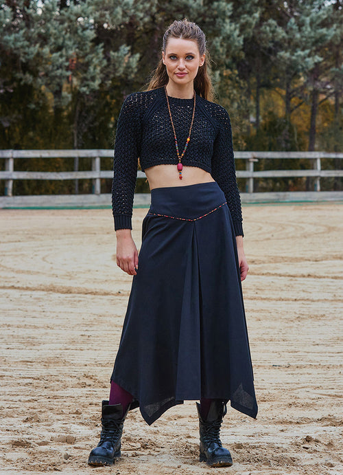 Binding Detail Waistband Asymmetrical Hem Flared Black Midi Skirt