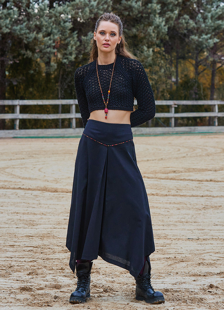 Binding Detail Waistband Asymmetrical Hem Flared Black Midi Skirt