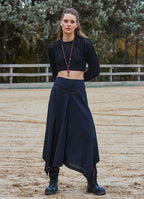 Binding Detail Waistband Asymmetrical Hem Flared Black Midi Skirt