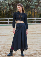 Binding Detail Waistband Asymmetrical Hem Flared Black Midi Skirt
