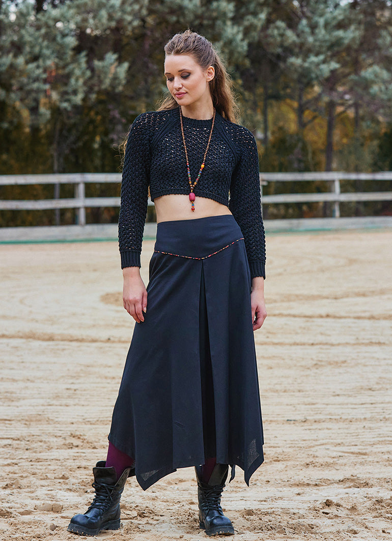 Binding Detail Waistband Asymmetrical Hem Flared Black Midi Skirt