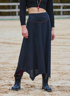Binding Detail Waistband Asymmetrical Hem Flared Black Midi Skirt