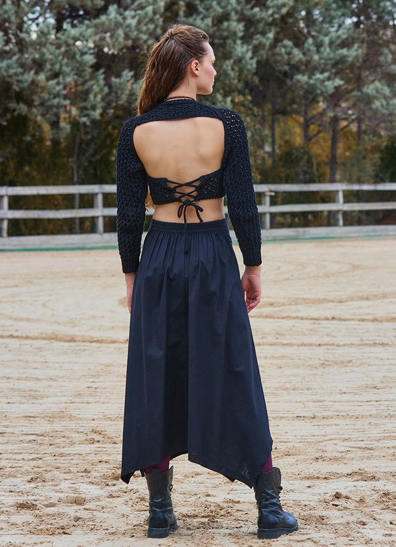 Binding Detail Waistband Asymmetrical Hem Flared Black Midi Skirt