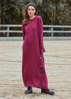Crew Neck Button Detailed Burgundy Long Sleeve Dress 4760
