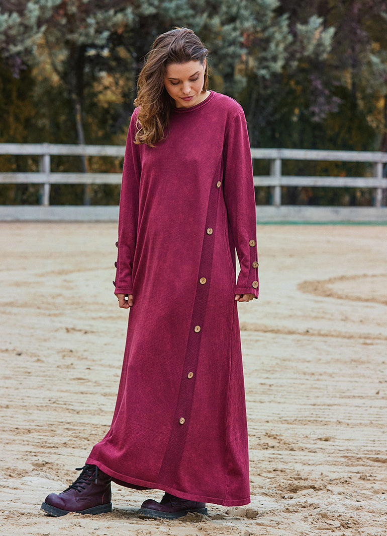 Crew Neck Button Detailed Burgundy Long Sleeve Dress 4760