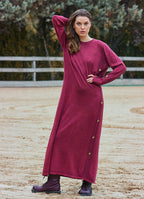 Crew Neck Button Detailed Burgundy Long Sleeve Dress 4760