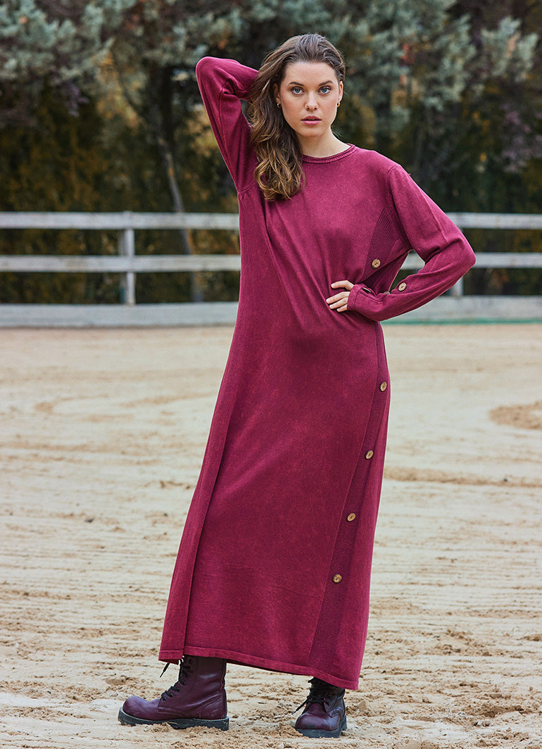 Crew Neck Button Detailed Burgundy Long Sleeve Dress 4760