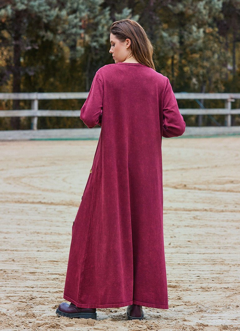 Crew Neck Button Detailed Burgundy Long Sleeve Dress 4760