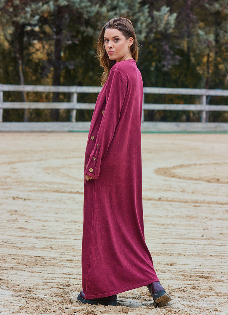 Crew Neck Button Detailed Burgundy Long Sleeve Dress 4760