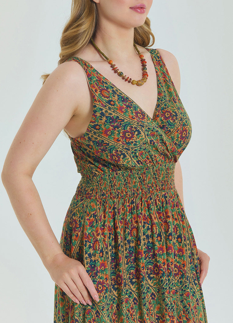 V Neck Robe Green Patterned Plus Size Dress 4586
