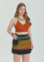 Snap Front Pocket Patchwork Wrap Green Plus Size Skirt 4688