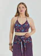 Halter Neck Open Back Pink Floral Plus Size Crop Blouse 4616