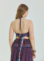 Halter Neck Open Back Pink Floral Plus Size Crop Blouse 4616