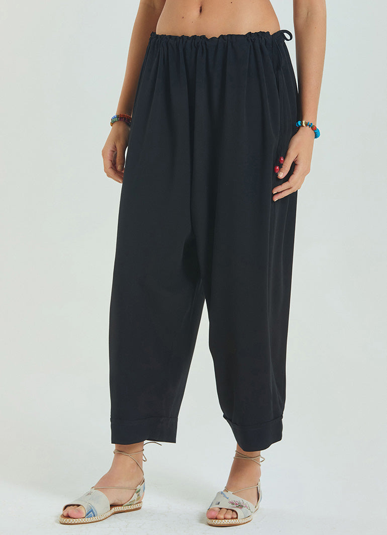 Rope Detailed Adjustable Waist Black Women's Viscose Trousers 4581