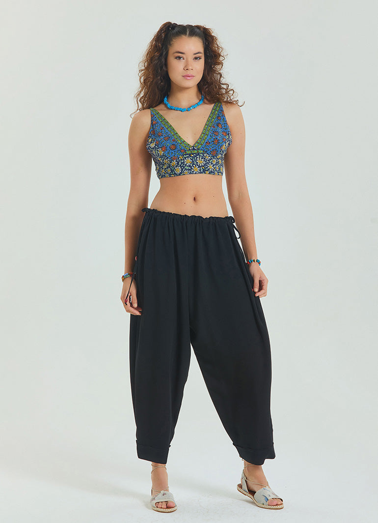 Rope Detailed Adjustable Waist Black Women's Viscose Trousers 4581