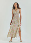 Double Breasted Collar Long Beige Dress with Slit from the Yoke 4561