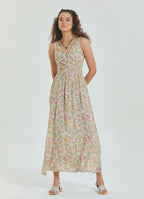Double Breasted Collar Long Beige Dress with Slit from the Yoke 4561