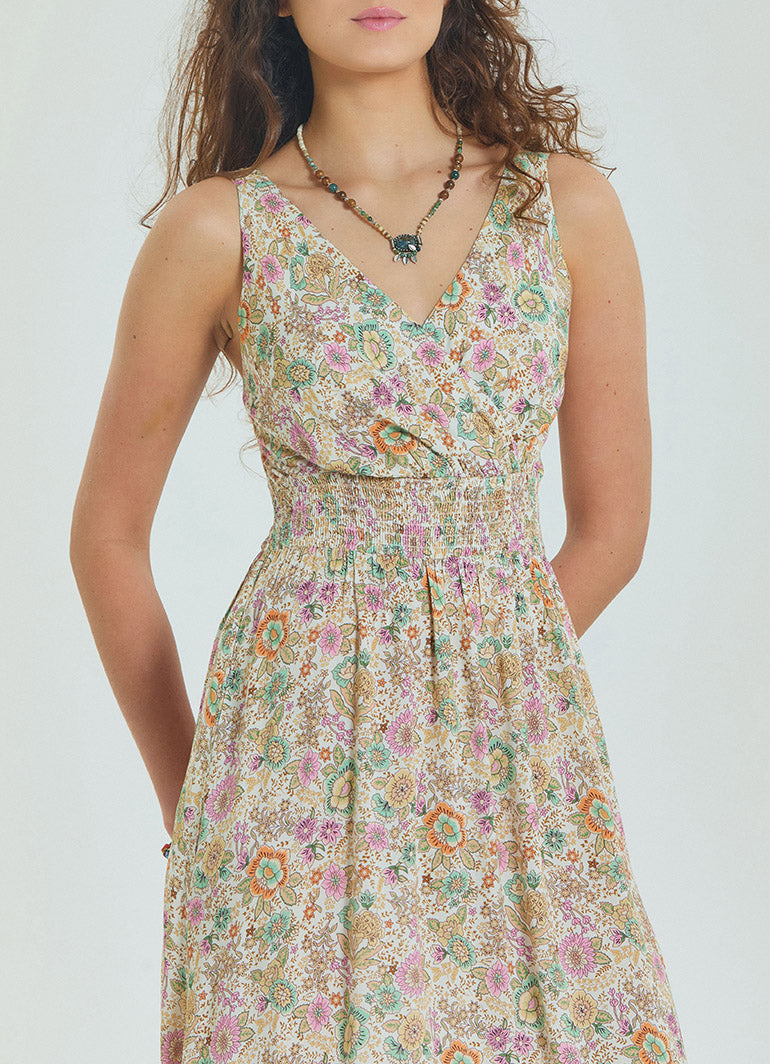 Double Breasted Collar Long Beige Dress with Slit from the Yoke 4561