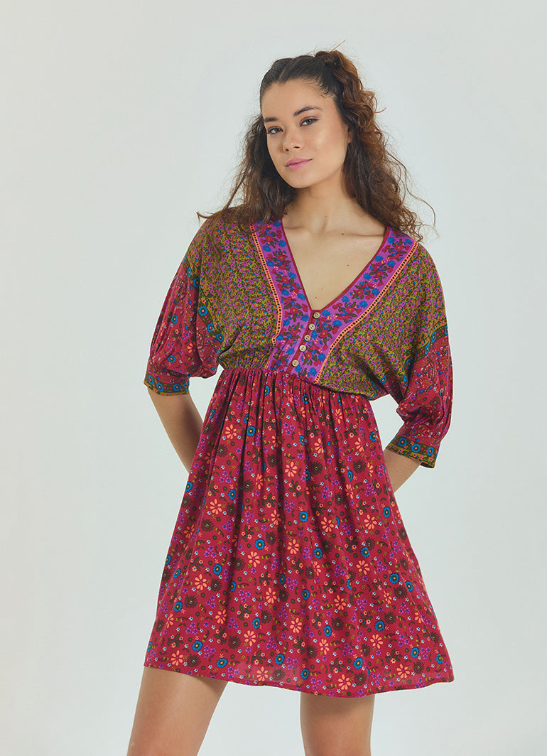 V Neck Elastic Waist Backless Red Floral Dress 4564