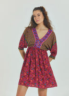 V Neck Elastic Waist Backless Red Floral Dress 4564