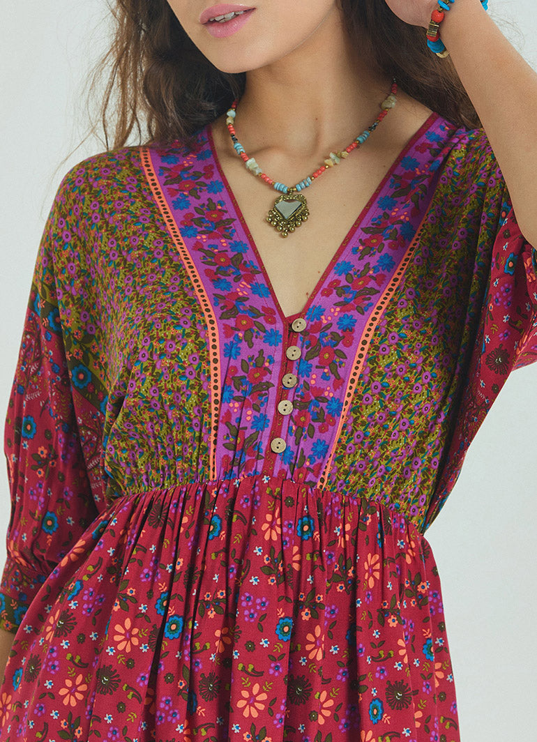 V Neck Elastic Waist Backless Red Floral Dress 4564