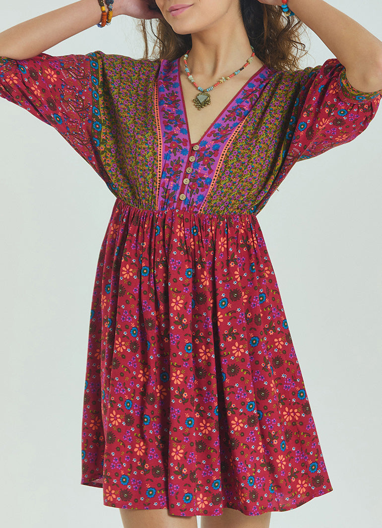 V Neck Elastic Waist Backless Red Floral Dress 4564