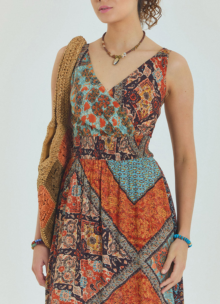 V Neck Robe Coffee Patterned Long Dress 4558